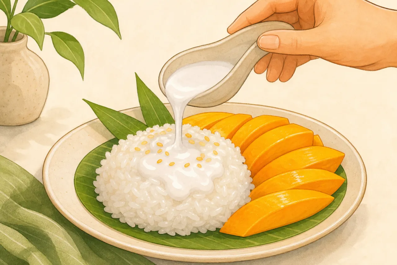 糯米飯配金煌芒果片淋椰奶醬擺盤