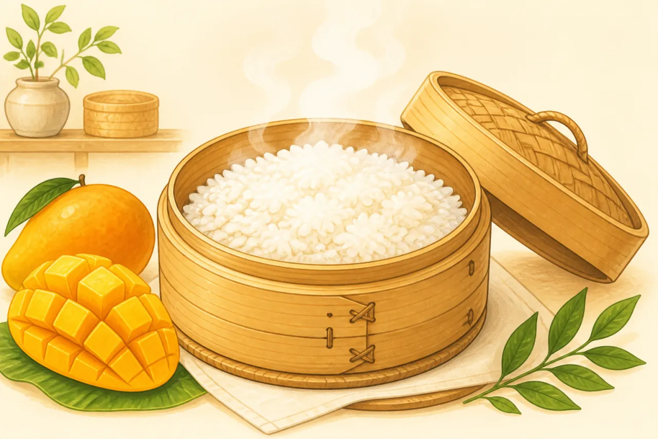 長糯米在蒸籠裡蒸熟